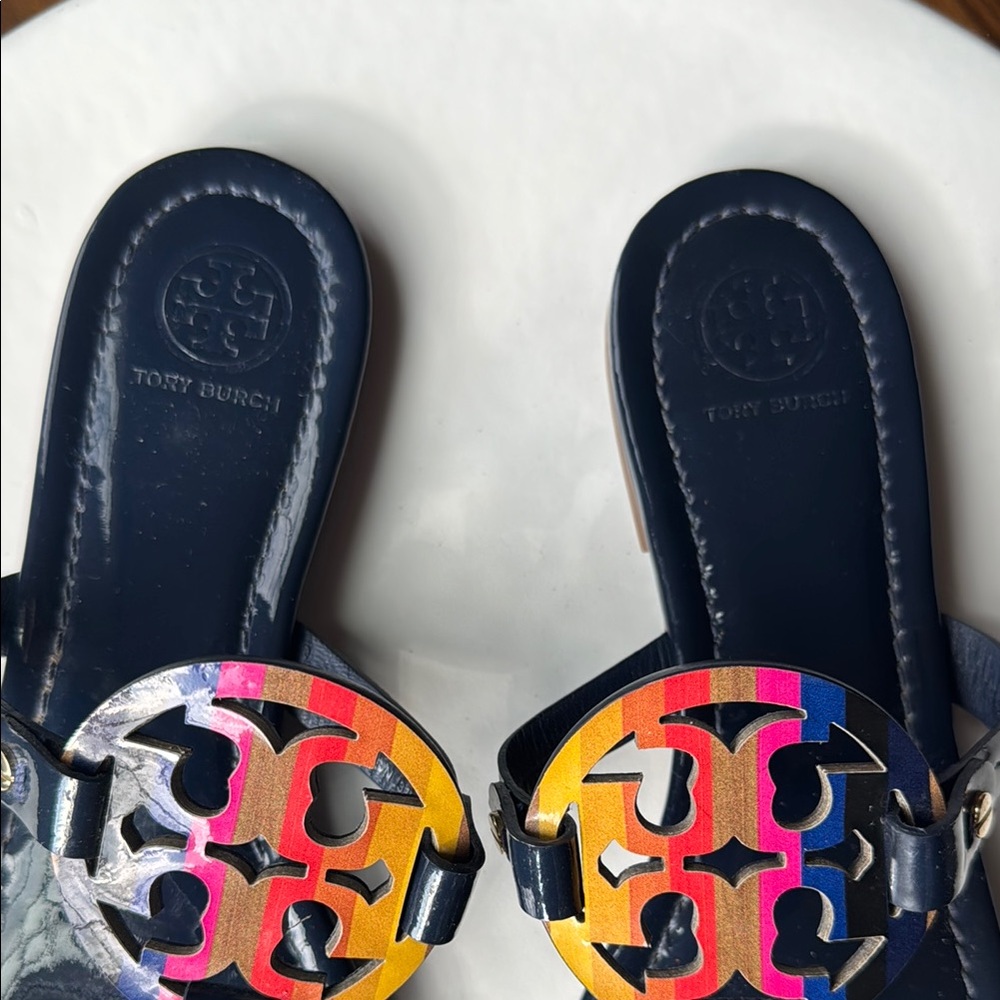 Tory Burch Navy Miller Sandals Multicolor Logo Size 8.5 - Picture 4 of 13